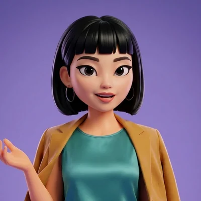 Maya smiling, explaining with an open hand.