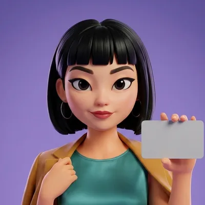 Maya holding up a blank card in one hand.