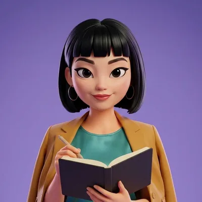 Maya holding an open notebook and a pen, looking at the reader.