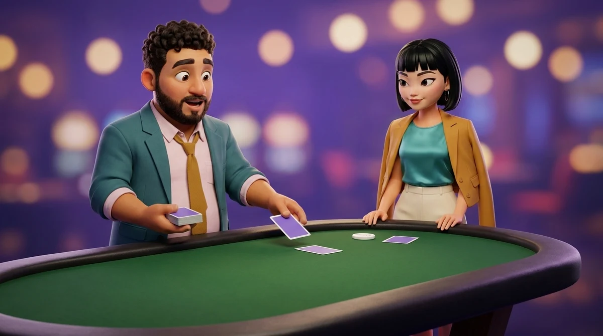 Leo, in the dealer’s place behind an oval poker table with every other place empty, slides a second face-down card toward Maya, the rest of the deck in his other hand, while she waits at the rail beside a plain white button and her first card.
