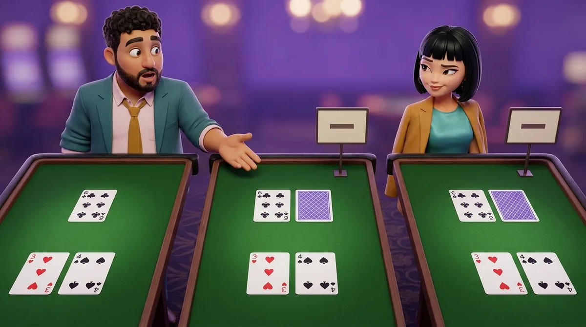 Leo stands behind the left of three identical tables with one hand open over the middle table, and Maya stands behind the right-hand table; in front of the seat at every table lie the same two face-up cards, a three of hearts and a four of spades, while across the felt the left table carries a six of clubs alone and the middle and right tables carry a six of clubs beside one face-down card, with a small sign bearing a single bar standing above the middle and the right table and none above the left.