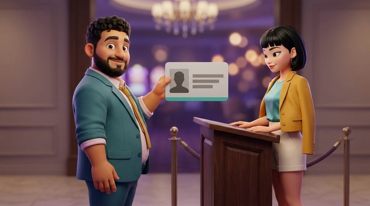 Leo holds up a card with a photo panel, a plain head-and-shoulders silhouette inside it and three blank ruled lines beside it, while Maya, standing behind the entrance desk, looks at it.
