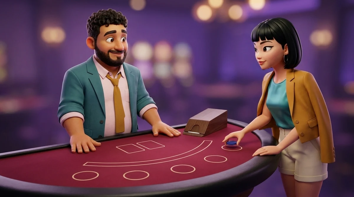 Maya holds a single chip low over the circle nearest her at a baccarat table, the two circles beyond it empty, while Leo waits in the dealer’s place with both hands flat on the felt and the shoe closed beside him.