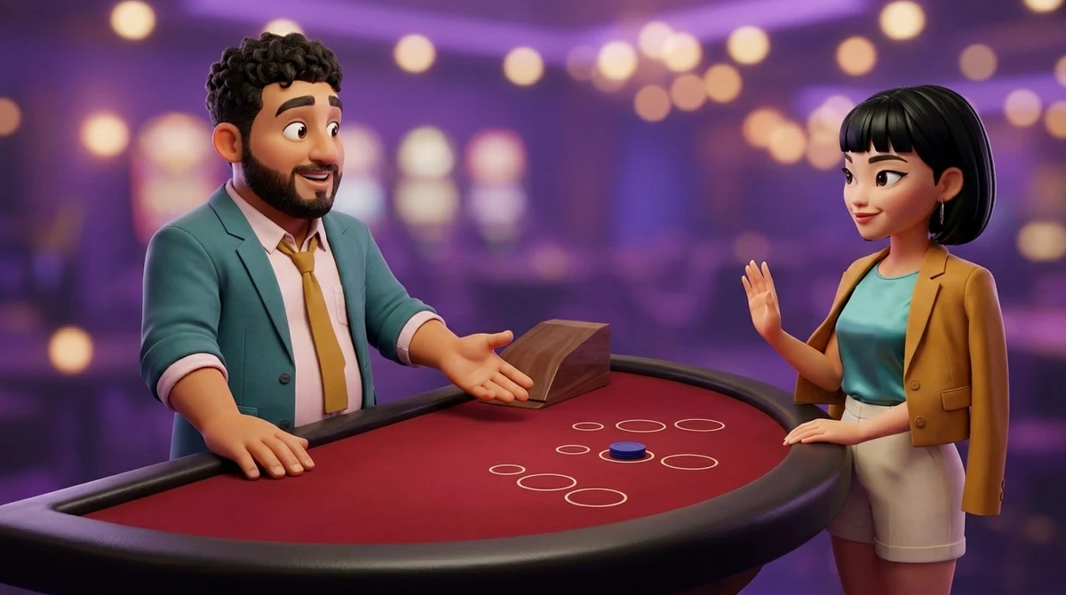Leo holds an open palm over two small empty circles beside the betting circles of a baccarat seat, where one chip lies in the main circle, while Maya, smiling, raises her palm in a polite no.