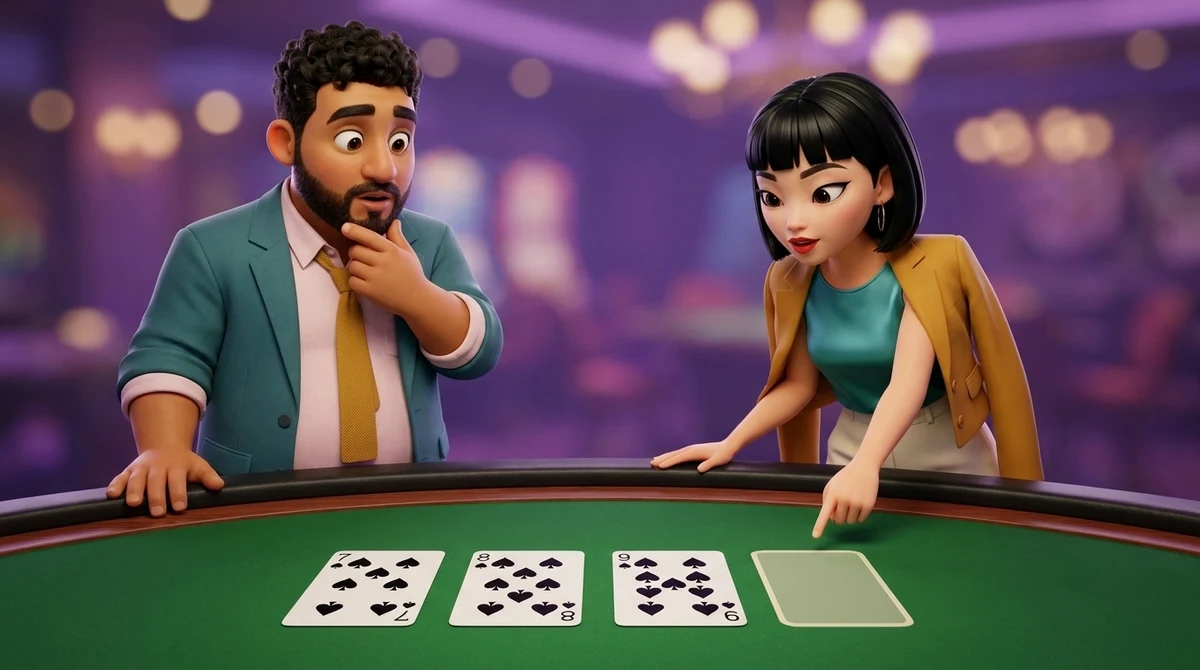 Maya points into an empty card-shaped outline at the end of a row of three face-up spades — a seven, an eight and a nine — where a ten would come next, while Leo strokes his beard at the rail beside the row.