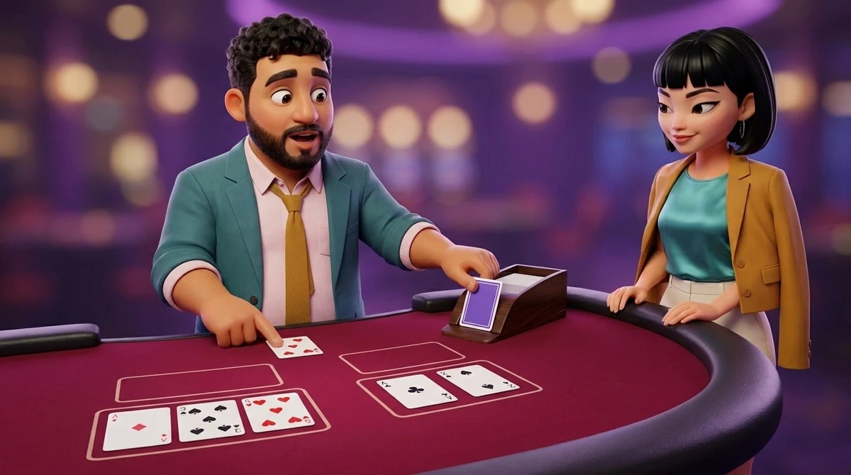 Leo draws one more card from the shoe for the right-hand box of a baccarat table, which holds an ace and a two, his other fingertip by the five in the left-hand box, beside an ace and a three, while Maya watches from the rail.