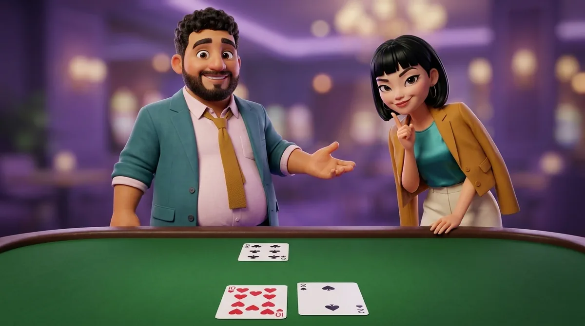 Leo, in a teal jacket and mustard tie, gestures with an open hand at a green blackjack table where a 10 of hearts and a 2 of spades face the dealer’s single card, the 6 of clubs; Maya, in a mustard jacket, leans on the rail with a finger to her chin, thinking.