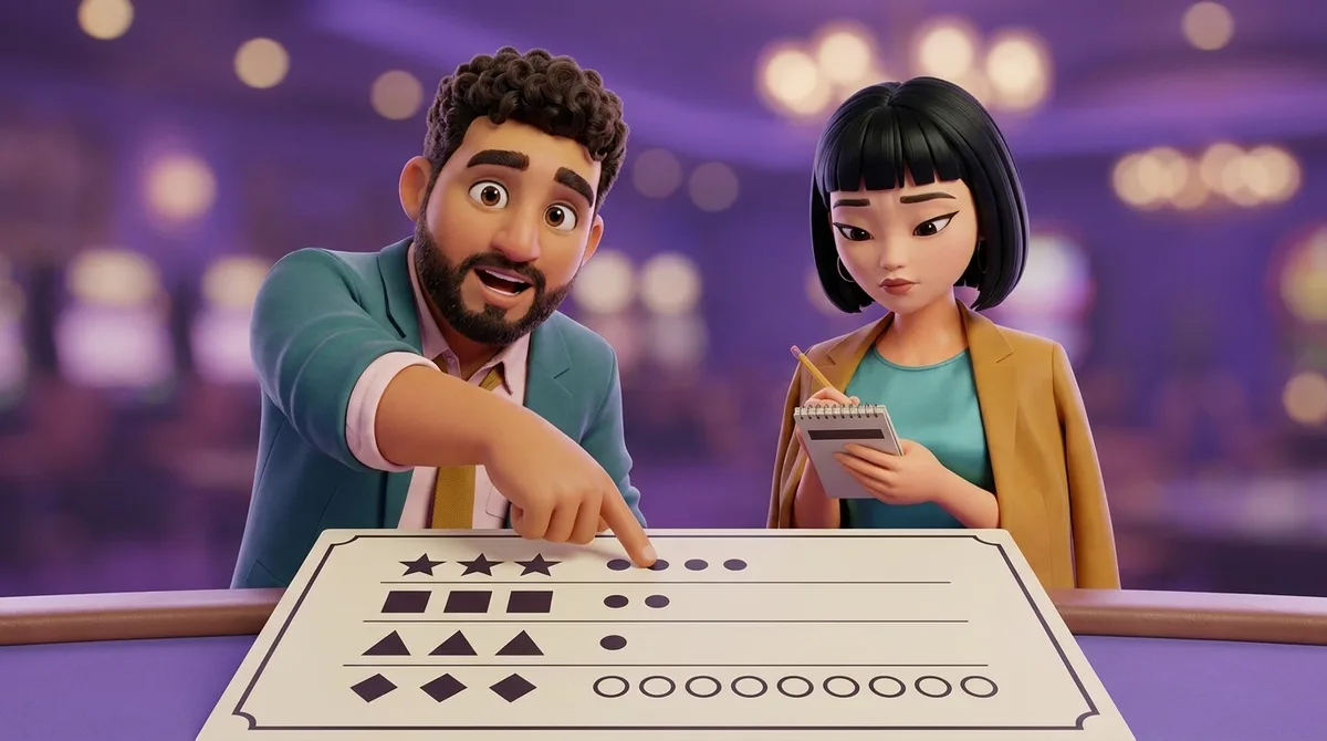 Leo points at the lowest of four rows on a printed pay-table card lying on a counter, where three diamond symbols are followed by a row of small empty circles, while Maya stands opposite holding an open notebook with a pencil resting on the page.