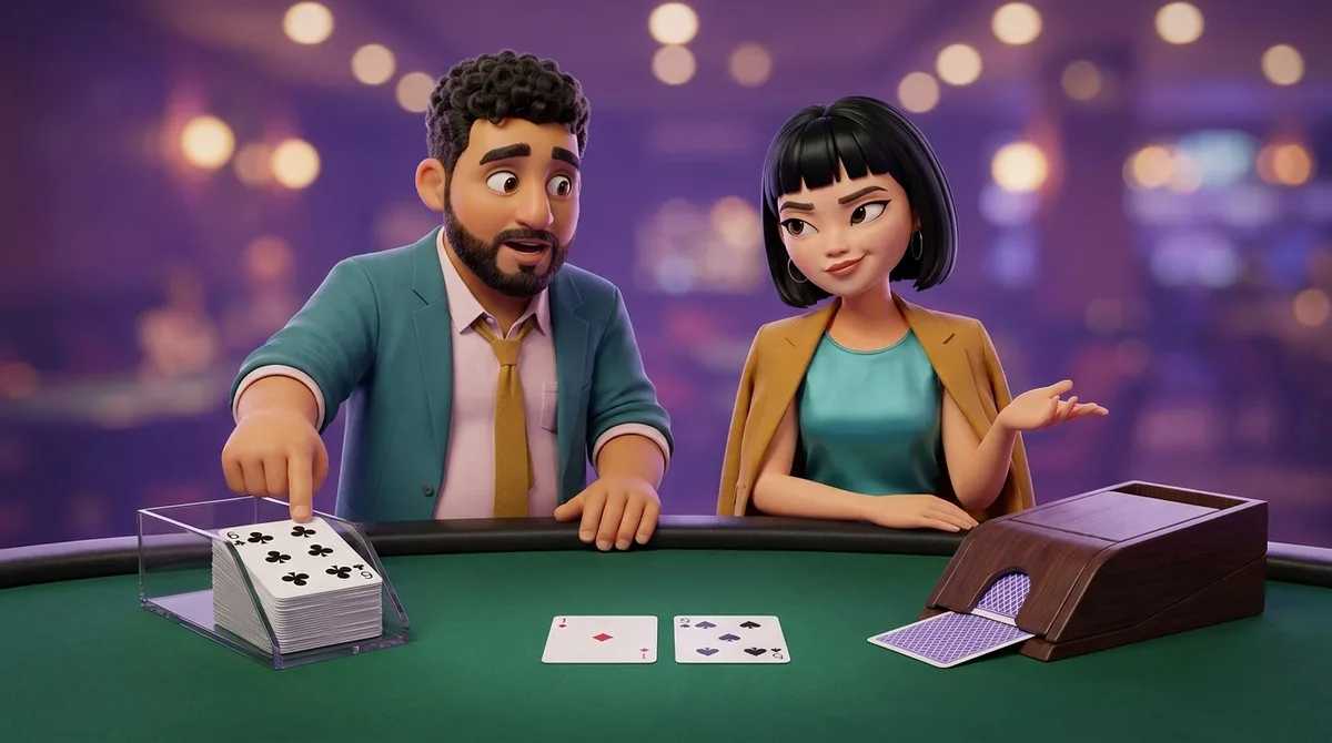 Leo touches the clear side of a discard tray that is half filled with cards lying face up while Maya holds an open palm toward a closed dealing shoe at the other end of the same table, with two more face-up cards, one diamond and five spades, on the bare felt in front of the tray.