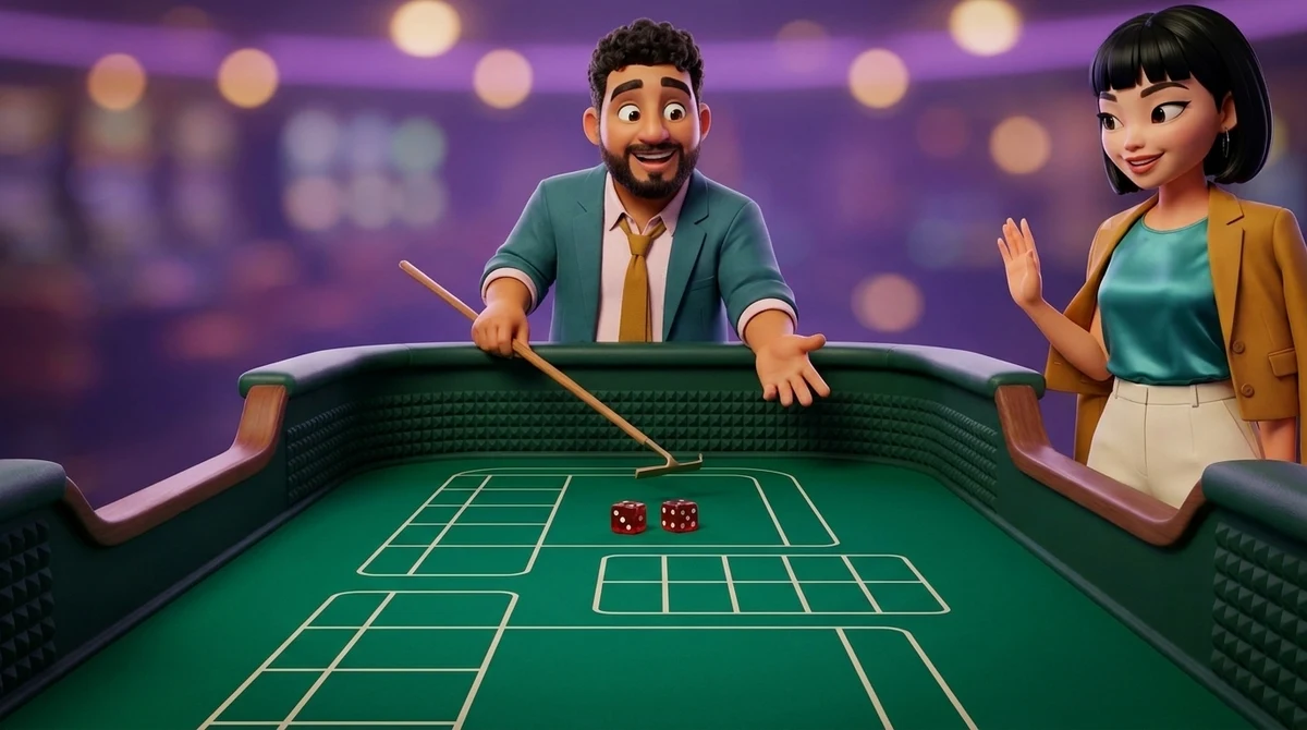 Leo, as stickman, rests the hook of his stick behind two dice and holds an open palm over the empty centre boxes of a craps table, while Maya, smiling, raises her palm in a polite no.