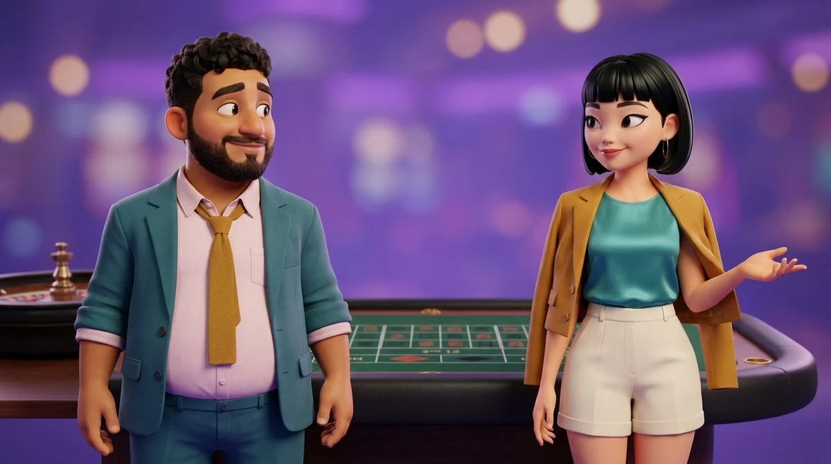A step from an empty roulette table, Leo glances back at it with a rueful half-smile, his hands empty, while Maya, smiling kindly, holds out an open hand toward the side, away from the table.