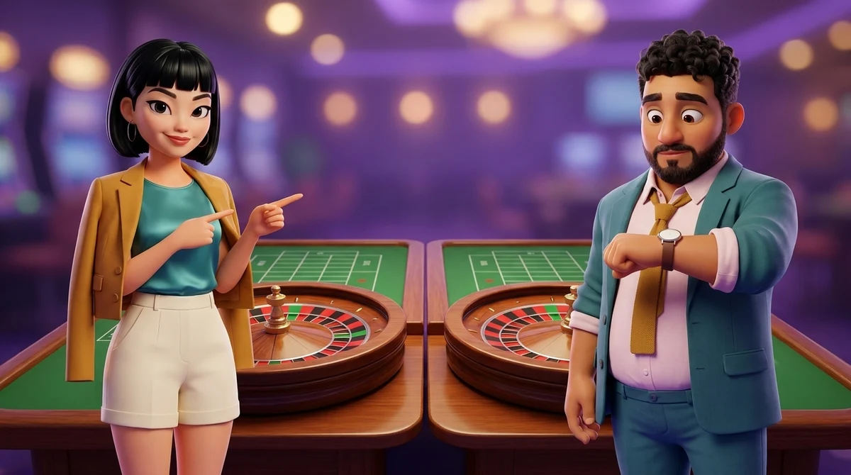 Maya points at the green pocket of one of two roulette wheels standing side by side, while Leo checks the time on a plain wristwatch.