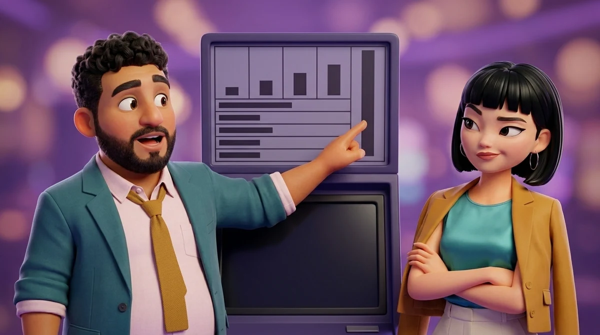 Leo touches the tall bar in the last of five cells along the upper row of a video poker pay panel, where the four bars before it are short, while Maya, arms folded and one eyebrow raised, looks at the panel beside him.
