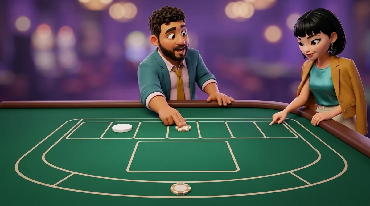 Leo, behind the craps table, slides a chip out of the large rectangle toward one of six empty boxes while a plain white puck marks another, and Maya counts the two chips in play from the rail.