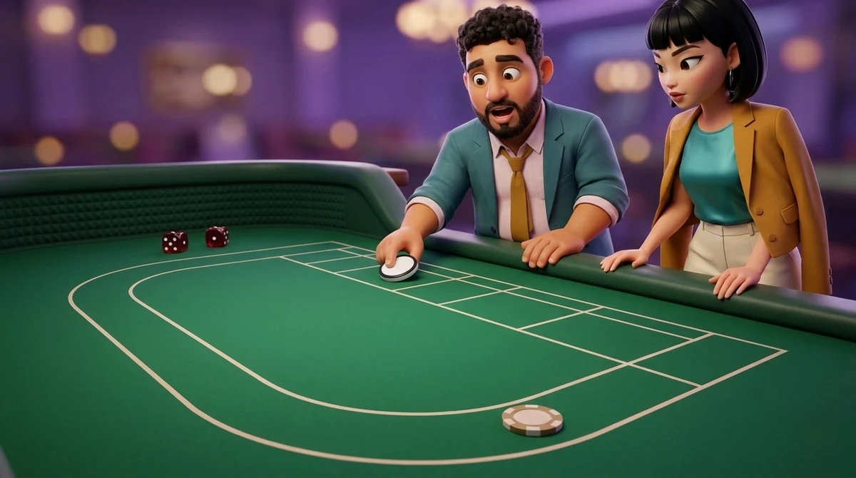 Leo, behind the craps table, sets a plain white puck in one of six empty boxes to mark the point while Maya watches from the rail, one chip resting in the long strip in front of her.