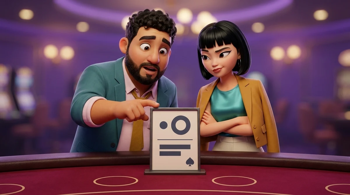 Leo touches a small sign on the corner of a baccarat table, showing a small circle and a larger one, a rule, two plain lines and a spade, while Maya, arms folded and one eyebrow raised, reads it beside him.