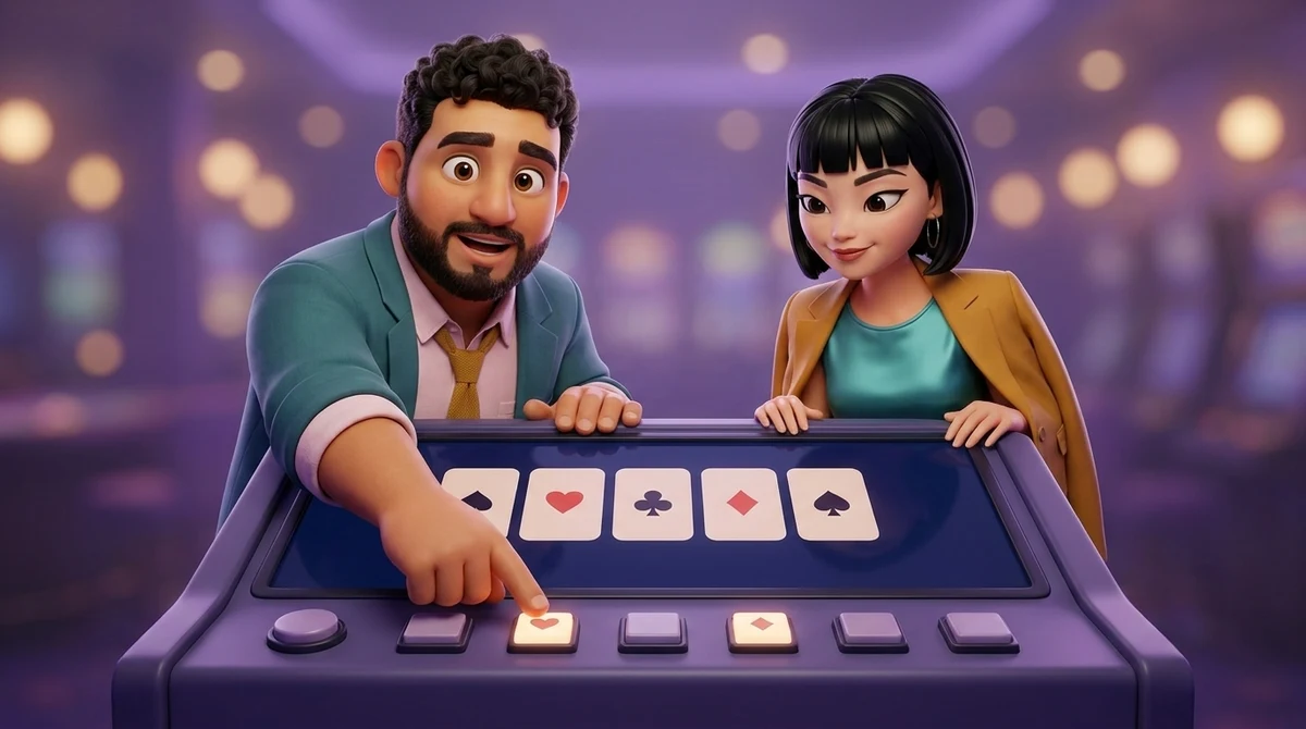 Leo presses the lit button under the second of five card shapes on a video poker screen, each card marked only with its suit, the button under the fourth card lit as well, while Maya leans in from the other side and watches the screen.