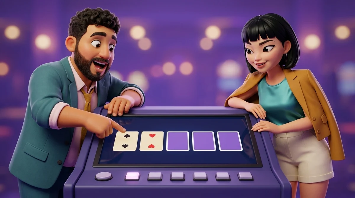 Leo points at two face-up deuces, a two of spades and a two of hearts, on a video poker screen whose other three places show card backs, the buttons under the two deuces lit, while Maya leans in with one eyebrow arched.