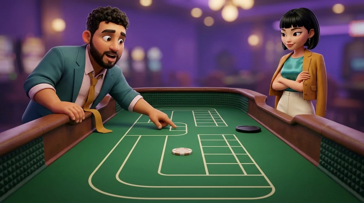 Leo touches the outline of a small empty square at the end of the narrower strip inside the line of a craps layout, where one chip lies, while Maya, arms folded, follows his finger from the rail; the line itself is bare.