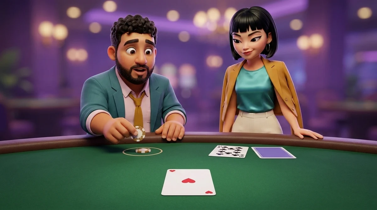 Leo holds a second chip low behind the betting circle, where one chip already lies, while the only card in front of the seat is a single ace of hearts; Maya looks at it from the rail, and across the felt the dealer has a ten of clubs beside one face-down card.