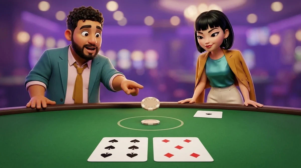 A second chip drops behind the one already in the betting circle while Leo points at it and Maya watches from the rail; six spades and five diamonds lie in front of the seat and the dealer shows a single ace.