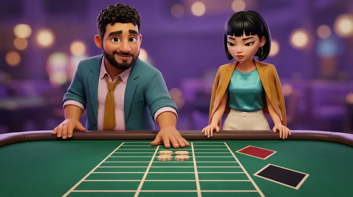 Leo slides the same four chips out across a betting layout with his palm flat behind them, and Maya stands at the rail across from him watching the cluster go.