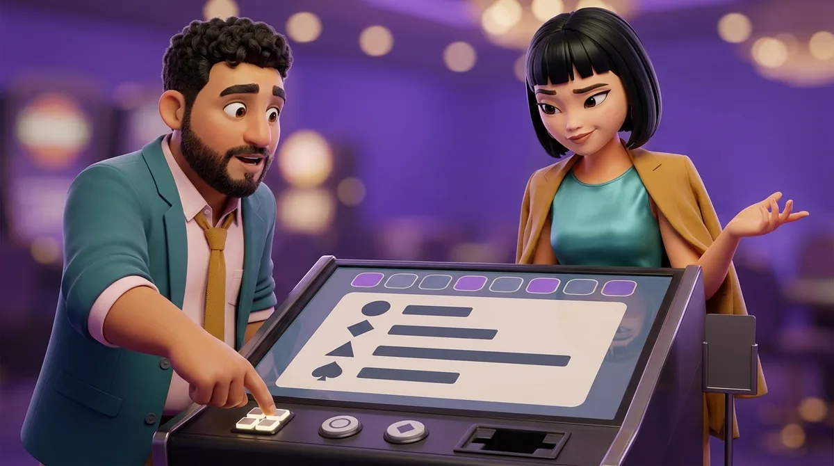 Leo touches one of three buttons on the front of an electronic table terminal while Maya looks at the panel open on its screen, which shows four rows of a plain symbol beside a plain bar, and an empty sign stand holds no card on the rail beside them.
