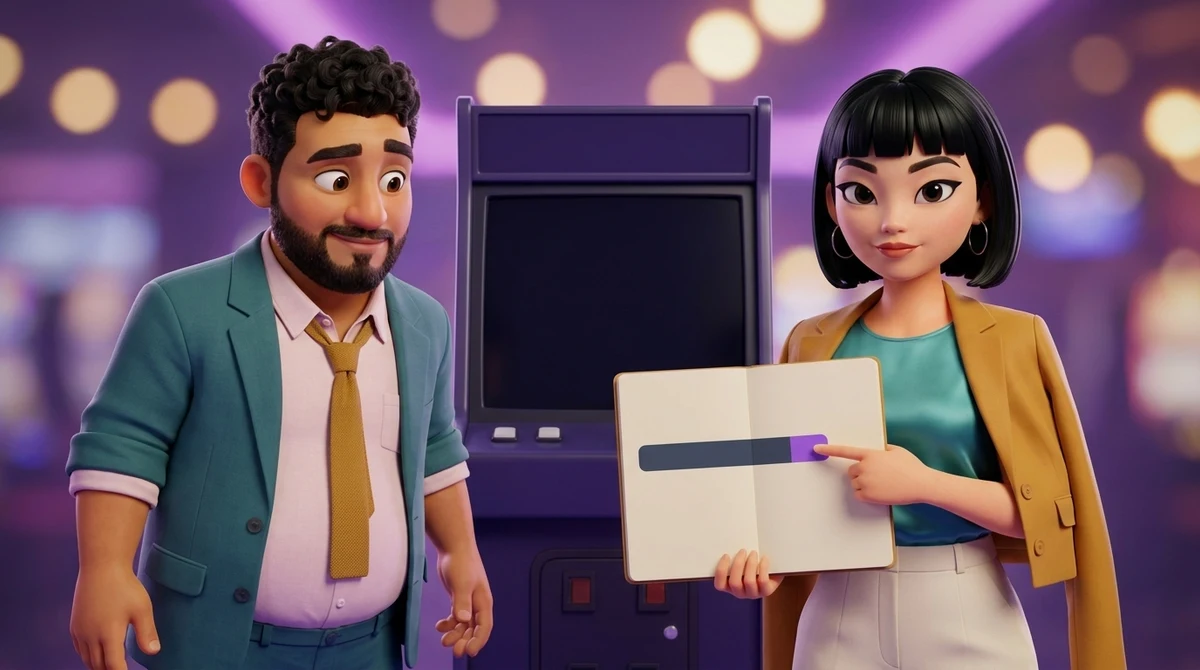 Maya holds up a small open notebook whose page carries one bar in two parts, a long dark part and a short violet part, her fingertip on the short part, while Leo leans in to look, beside a video poker machine with its screen switched off.