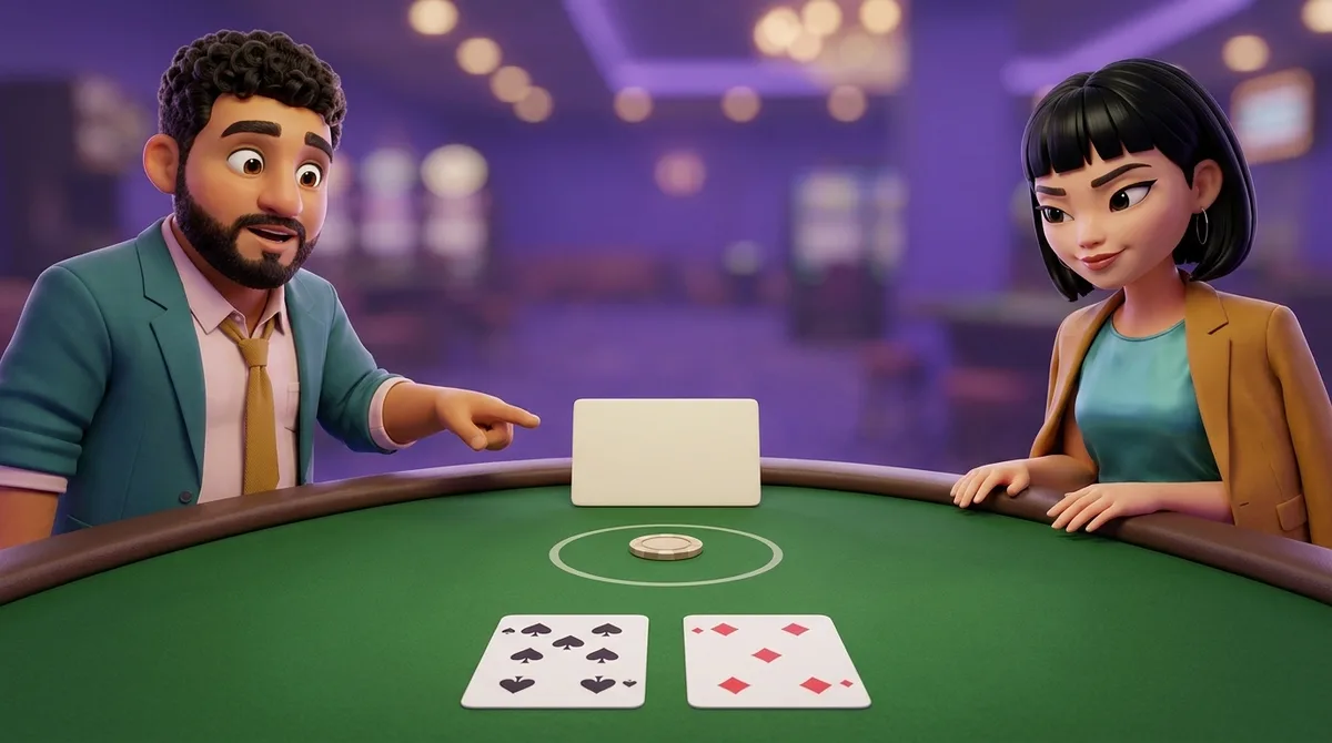 Leo points at a blank upright marker standing behind the single chip in the betting circle, in the place a second chip would take, while Maya watches from the rail; a six of spades and a five of diamonds lie face up on the felt in front of the seat.