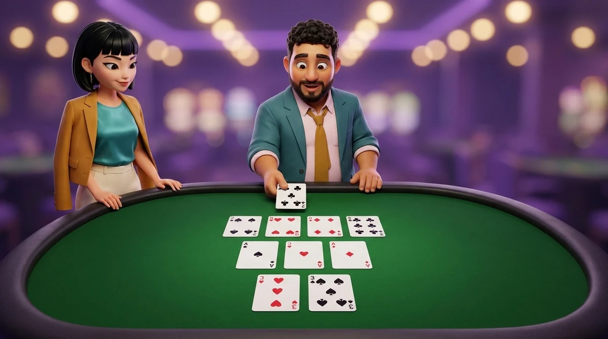 Leo, in the dealer’s place behind a poker table, sets down the last of four twos at the end of the far row of a staircase of face-up cards, with three aces in the row before it and two threes nearest the rail, while Maya watches from the rail.