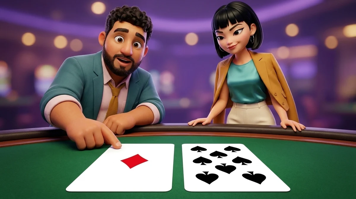 Leo leans over a green table and touches the edge of the left of two cards lying face up on the felt — one diamond alone on that card, eight spades on the other — while Maya reads them from the rail beside him.