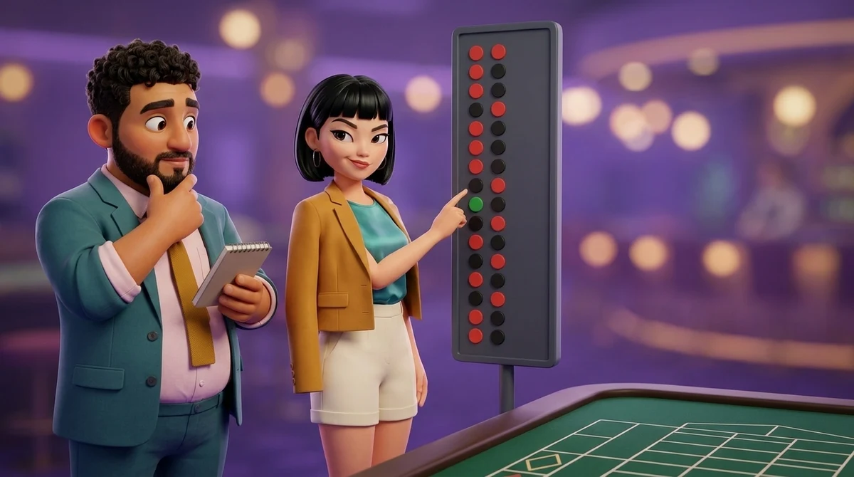 Maya touches a column of plain red and black dots on the dark results board beside a roulette table, one eyebrow raised, while Leo, notebook in hand, strokes his beard and studies the board.