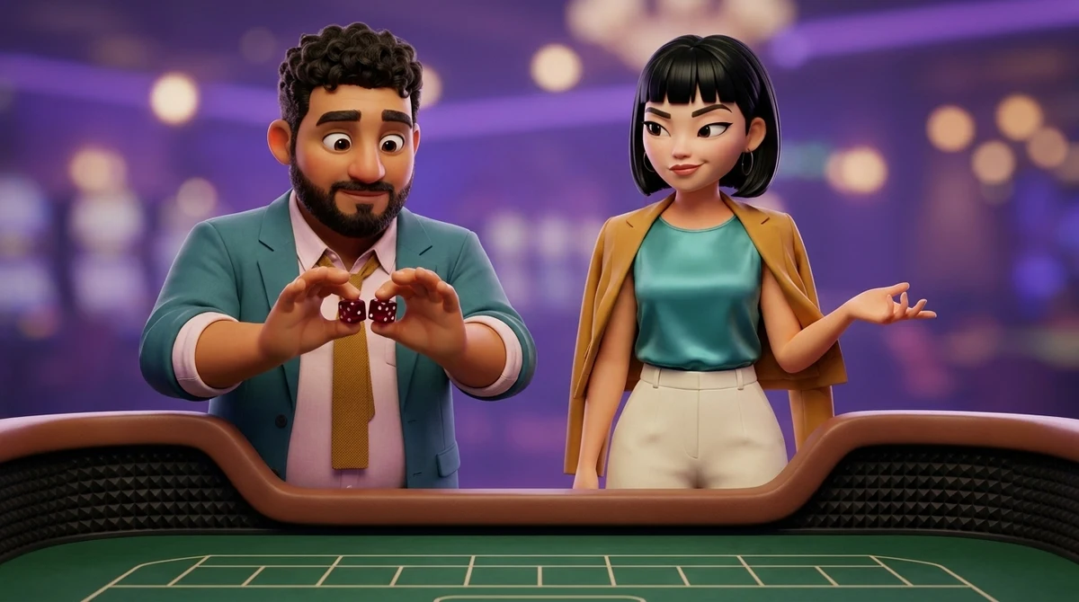 Leo turns two dice carefully in his fingers as if lining them up before a throw, while Maya, one eyebrow raised, holds an open hand toward the rubber-lined far wall of the craps table.