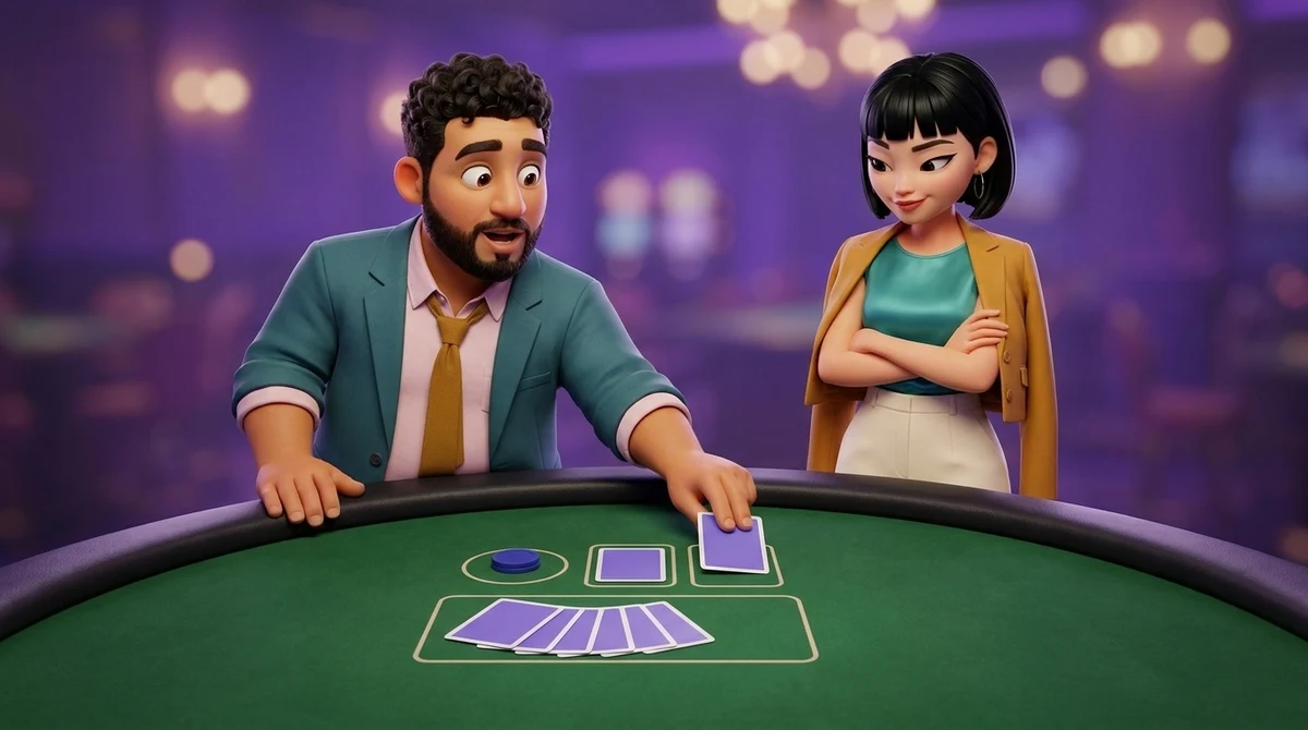 Leo slides a second face-down card into the small box in front of his seat, five face-down cards already lying in the large box beside it and one chip in the circle, while Maya, arms folded, watches from the rail.