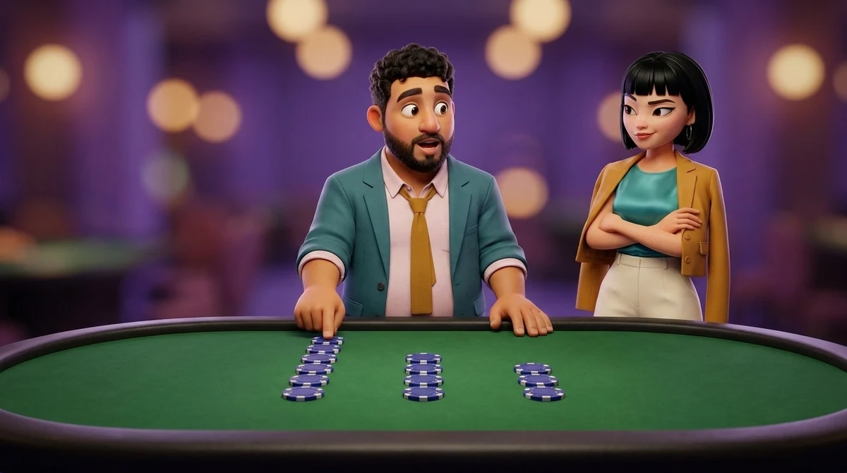 Leo, in the dealer’s place, touches the end of the longest of three rows of chips laid side by side on a poker table, five, three and two, while Maya looks on with folded arms and one eyebrow raised.