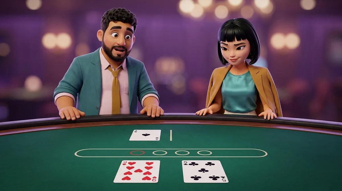 Leo and Maya stand at the rail of a blackjack table where the dealer’s single ace lies face up across the felt from a player’s nine of hearts and five of clubs, with the painted insurance line empty between them and neither host reaching over the table.