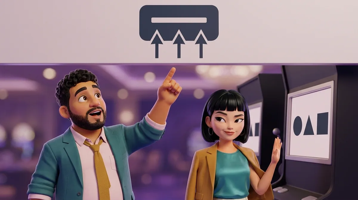 Leo points up at an overhead panel above a row of machines showing three arrows rising into a closed box with a slot in it, while Maya holds a flat hand toward the reel window of the nearest machine, which shows a circle, a triangle and a square.