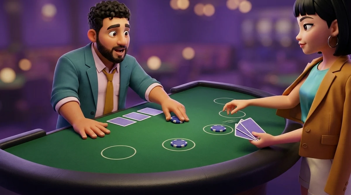 Leo, in the dealer’s place, slides one of Maya’s three equal chips back to her after she signals with her fingertips on the felt, the other two chips staying in their circles, while she holds her three cards face down over the table.