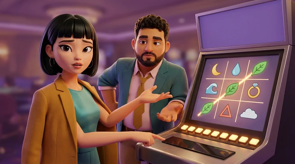 Maya rests a fingertip on the blank dark meter strip of a slot cabinet while her other open palm faces the one lit line crossing three matching leaf symbols on its screen, and Leo stands apart behind the cabinet holding an open palm toward the row of nine lit square lamps along the screen's lower edge.
