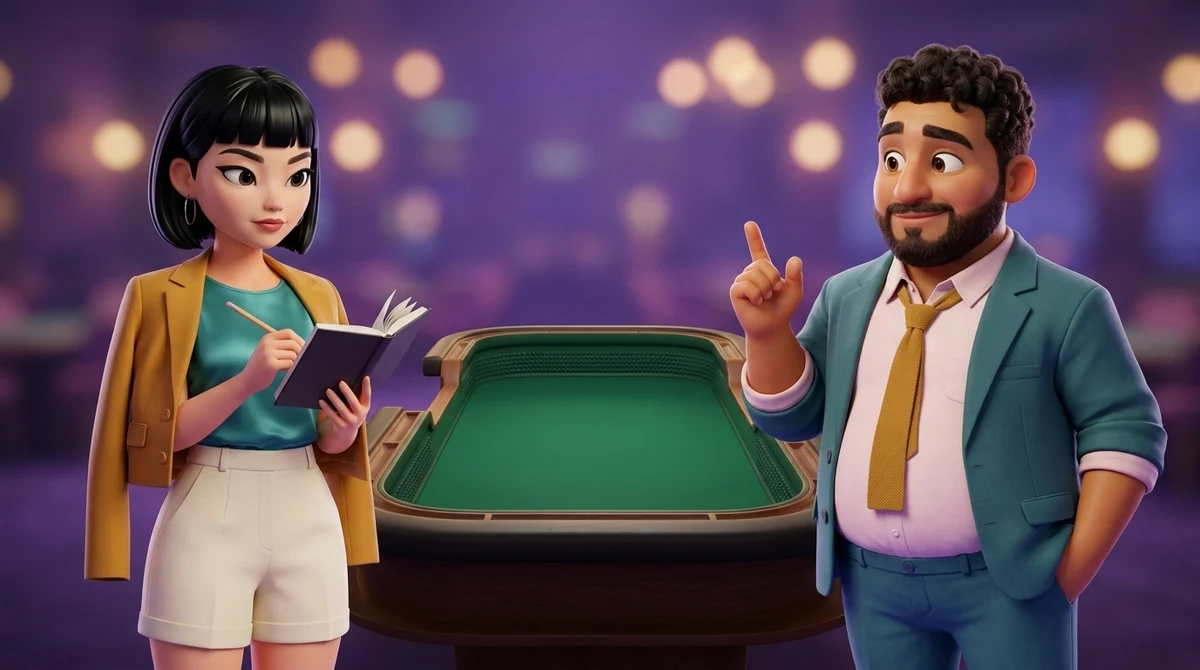 A step back from an empty craps table, Maya writes in a small notebook turned toward her while Leo, a finger raised, adds one more line to the evening’s plan.