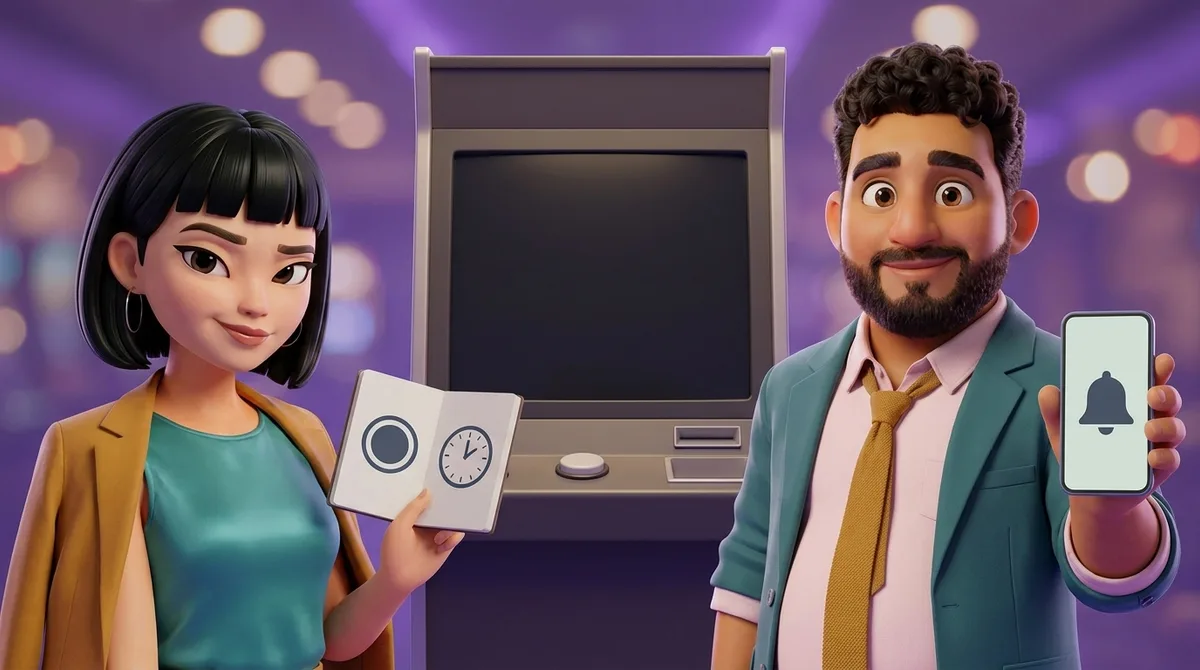 Maya holds an open notebook showing a plain ringed circle and a clock face with no numerals, Leo holds up a phone whose screen carries a single bell shape, and between them stands a gaming machine with a dark screen and one unlit button.