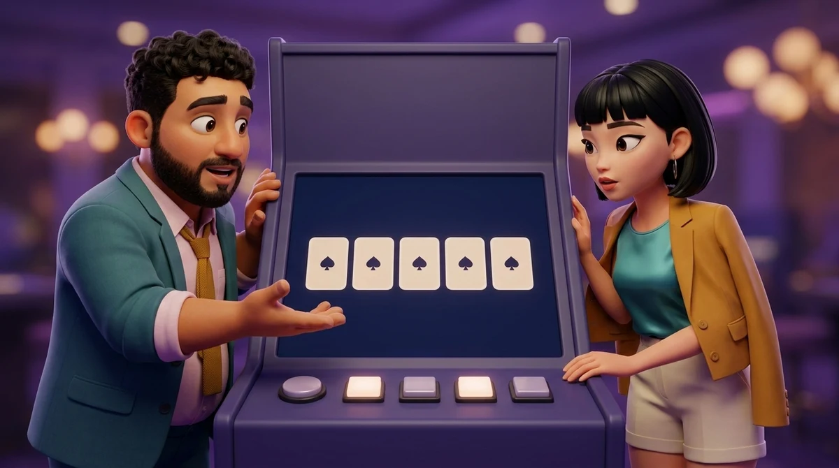 Leo holds an open palm toward the first of five card shapes on a video poker screen, all five marked with a spade, the buttons under the other four lit, while Maya watches with raised eyebrows from the other side of the machine.