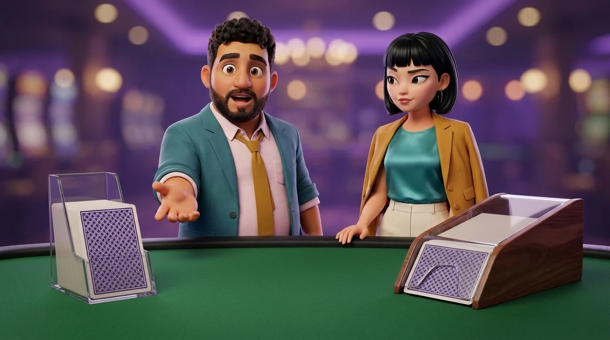 Leo turns an open palm toward a clear discard tray half filled with face-down cards while Maya stands beside the card shoe at the other end of the same empty table.