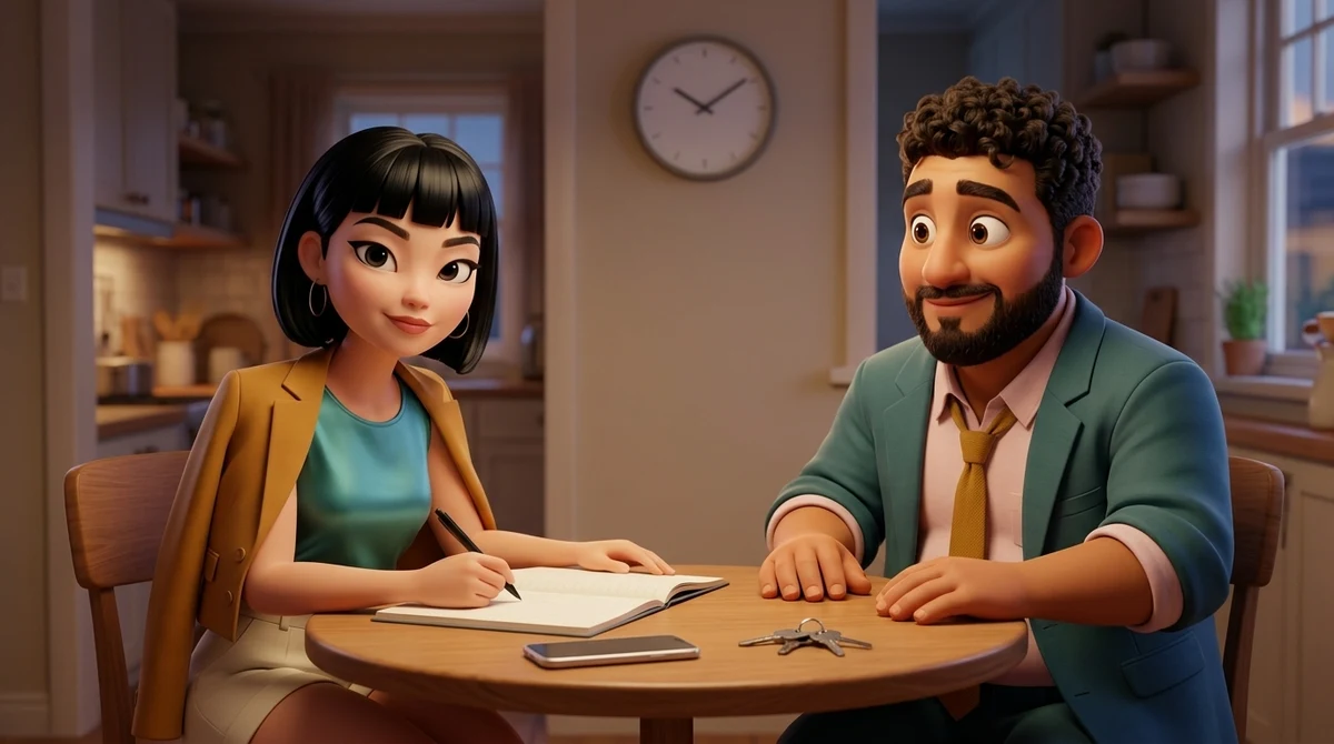 Maya sits at a kitchen table with a pen over an open, blank notebook and Leo sits across from her with his hands flat on the table, a phone face down and a bunch of keys beside them.