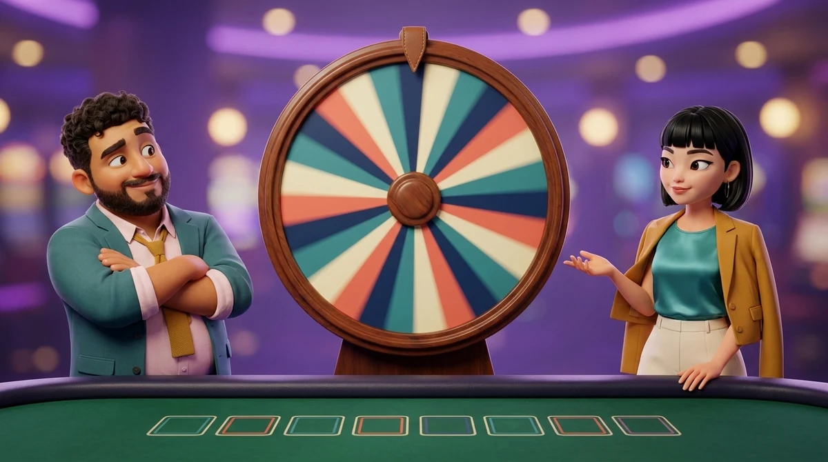 Maya holds an open hand toward a large upright wheel turning behind a small betting table, its equal segments plain colours with nothing printed on them, while Leo, arms folded, watches it beside her.