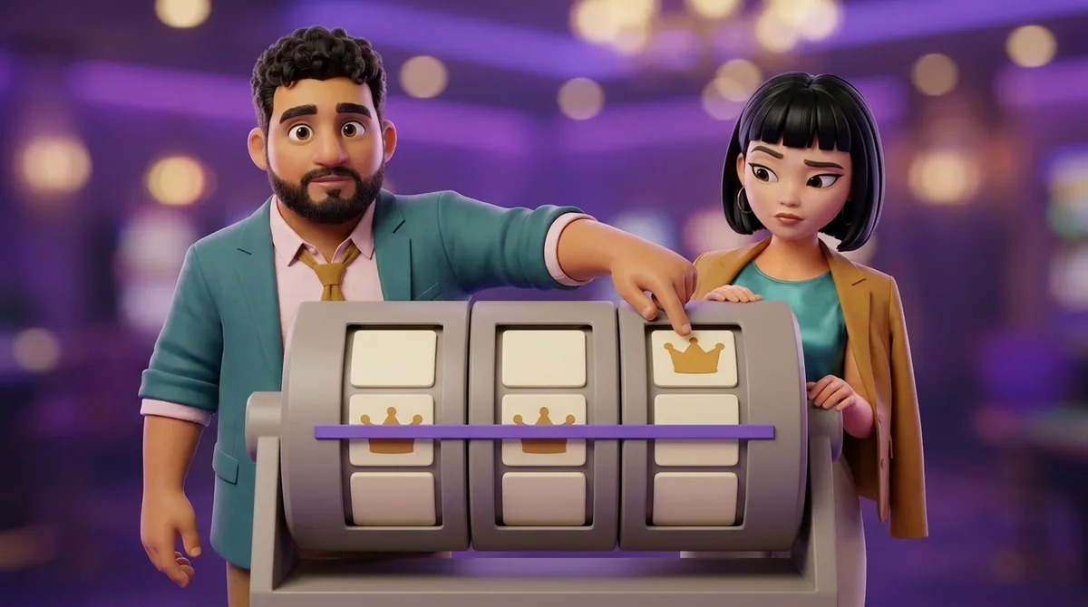 Leo touches the crown standing one row above the pay-line on the right-hand drum of a three-drum teaching model, where the other two drums show crowns on the line itself, and Maya looks down at the plain bar marking that line.