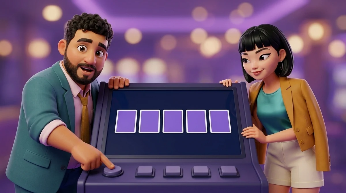 Leo presses the round button of a video poker machine whose screen shows five card backs, with no card kept and every button under them unlit, while Maya watches from the other side with a relaxed half-smile.