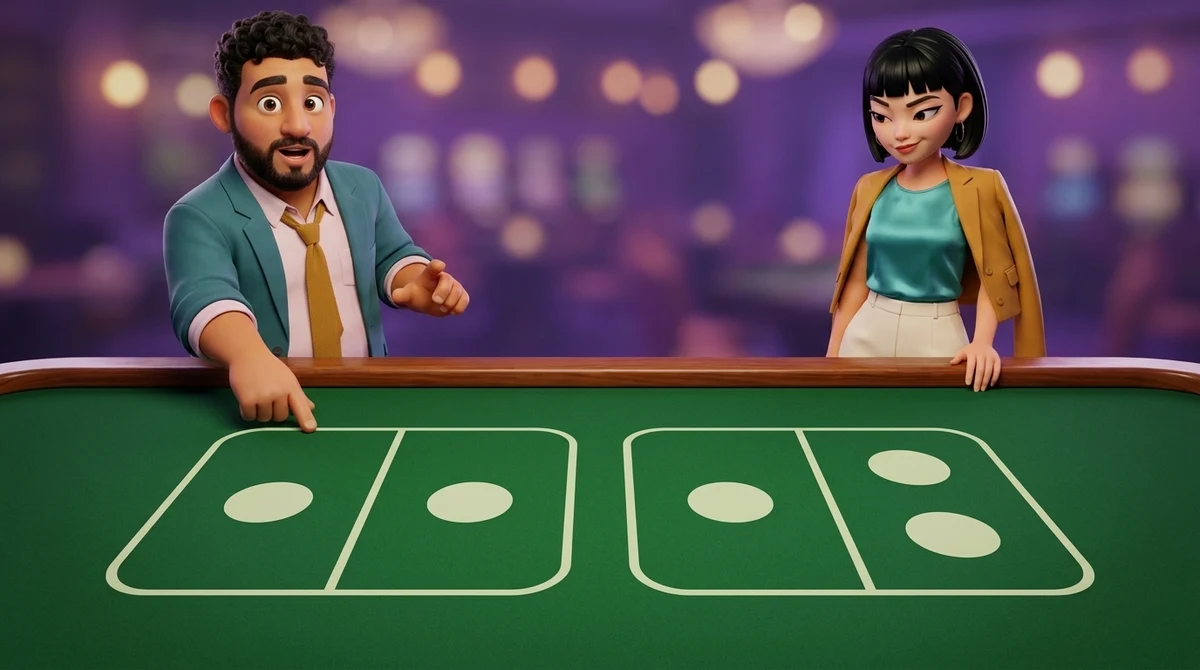 Leo touches the painted outline of the left of two payout boxes on a dice-table layout — one circle each side of its divider, against one and two in the right-hand box — while Maya reads the right-hand box from the rail.