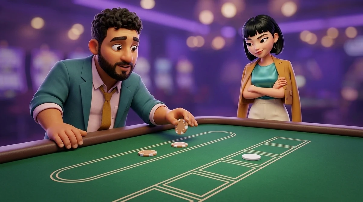 Leo holds a second chip low just behind a chip in the long strip along the rail, a plain white puck marking one of six empty boxes, while Maya, arms folded and one eyebrow raised, watches the second chip.