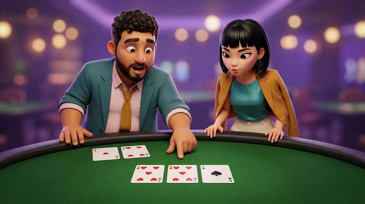 Leo, his own ace and two of hearts face up in front of him, touches the felt below the five of hearts among three shared cards on a poker table — a three and a five of hearts and an ace of spades — while Maya leans in and counts along.